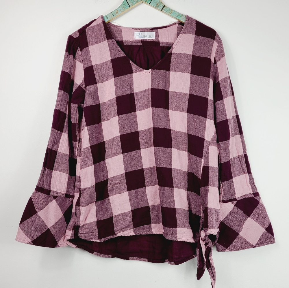 Purple and Pink Plaid shirt with knot on bottom